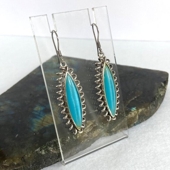 Sterling Silver 925 Marquise Turquoise Blue Cats Eye Spiral Dangle Earrings - Picture 3 of 16